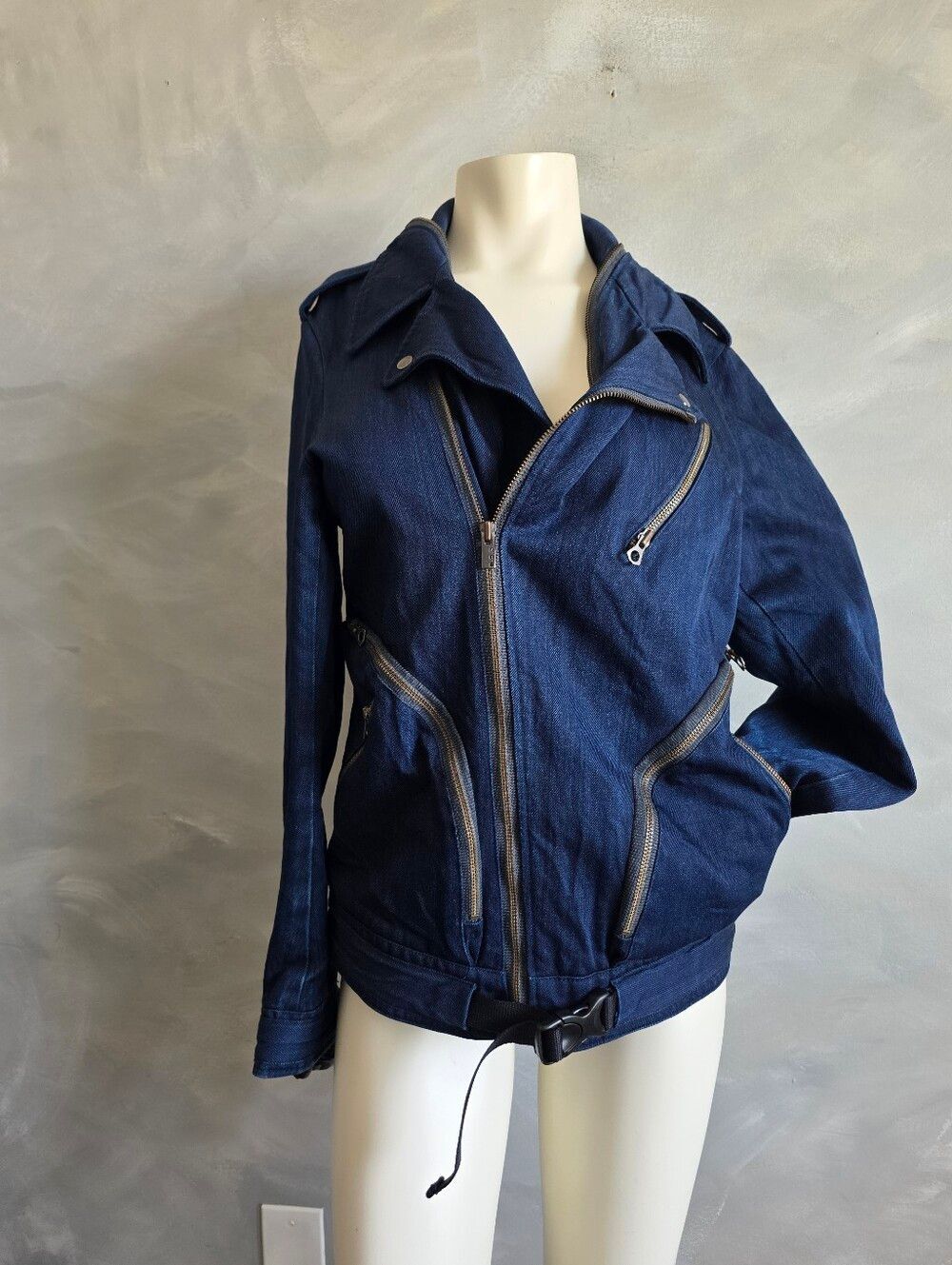 Rag & Bone Denim Jacket Zip Up Moto Biker High Neck Utility Lined Chic Rare